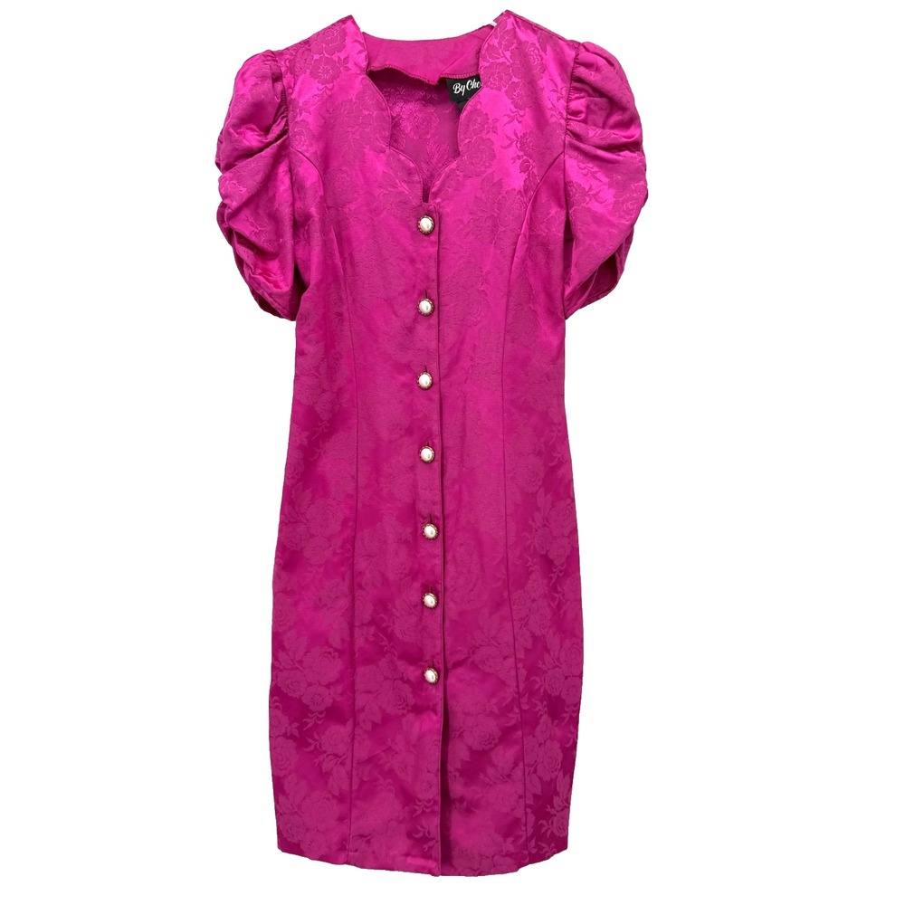 Vintage‎ 80s By Choice Puff Sleeve Dress Size S Jacquard Pink Button Front